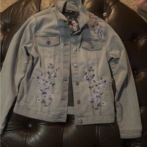 DG2 by Diane Gilman Gray Denim Jacket with Lavender Embroidery